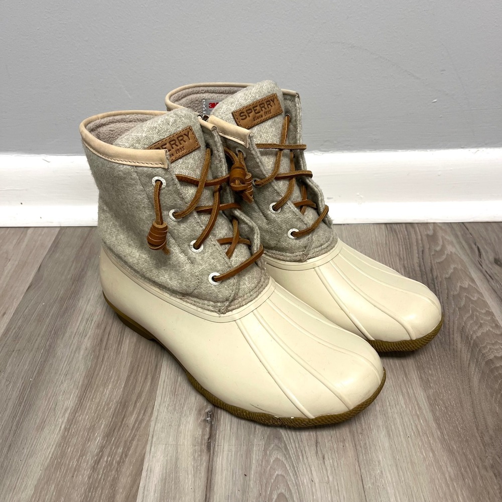 Sperry Duck Boots Women's 8 Ivory Cream and Gray Saltwater Wool